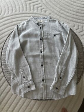 Zara Light Gray Textured Band-Collar Shirt